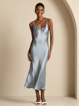 [Gråblå] SilkSilky-NO Spaghetti Strap V Neck Kjole 007