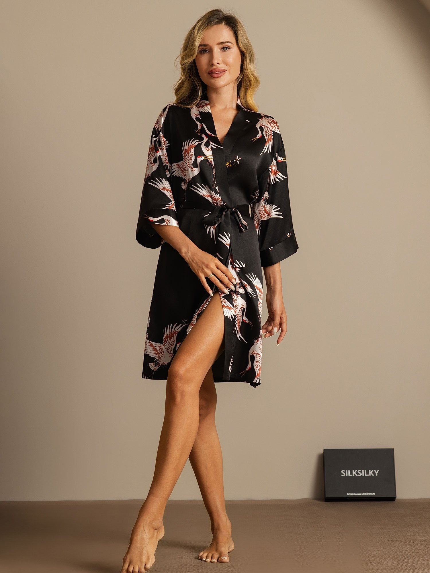 [Svart] SilkSilky-NO 19Momme Silke Womens Robe 003