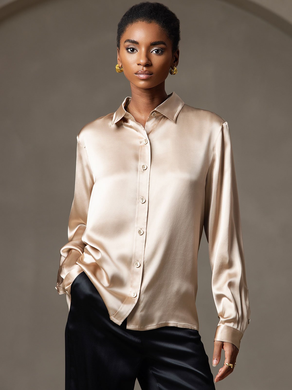 SilkSilky-NO 19Momme Womens Shirt Champagne 007