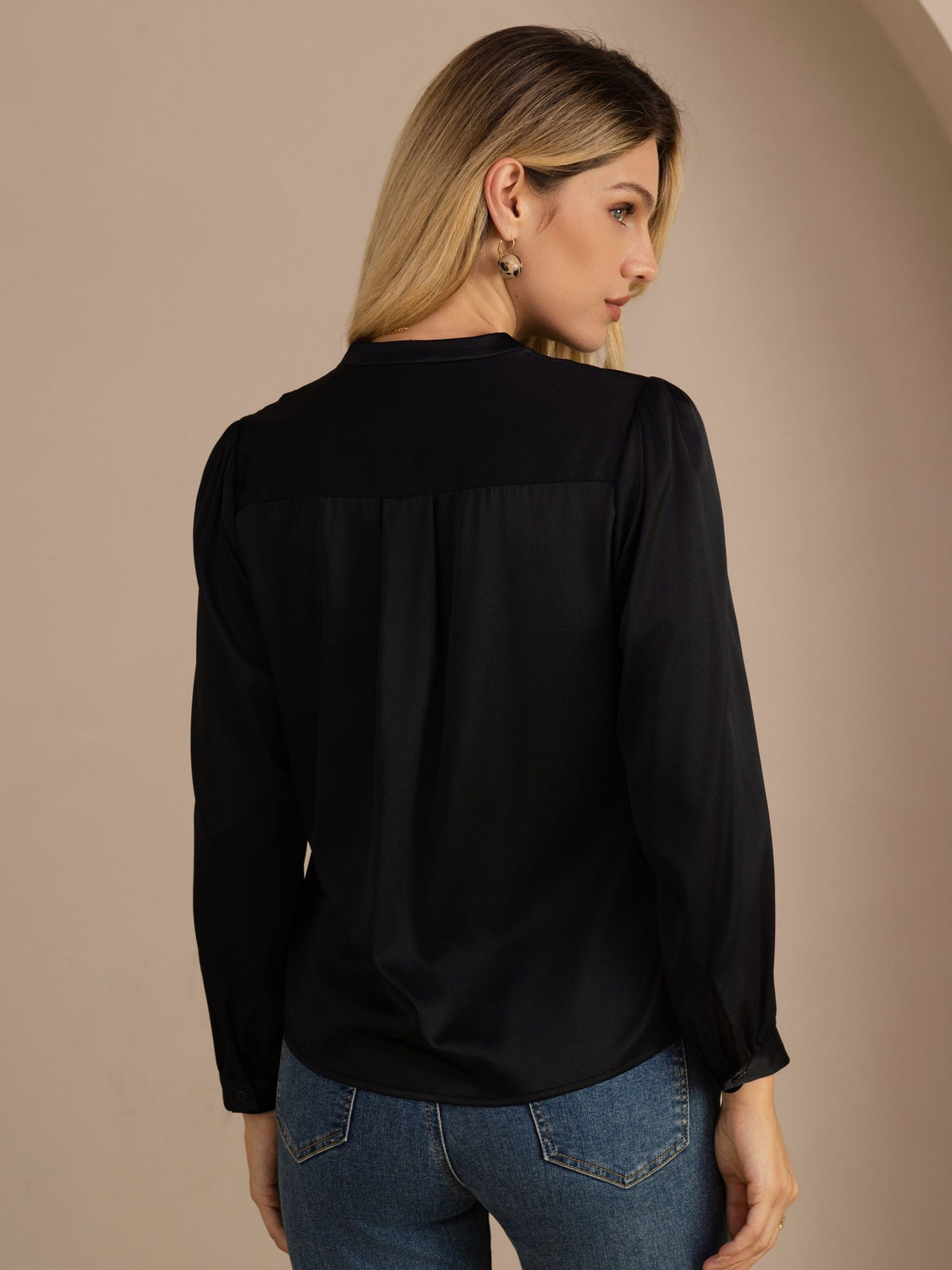 [Svart] SilkSilky-NO Long Sleeve Wrap Damebluser 002