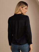 [Svart] SilkSilky-NO Long Sleeve Wrap Damebluser 002