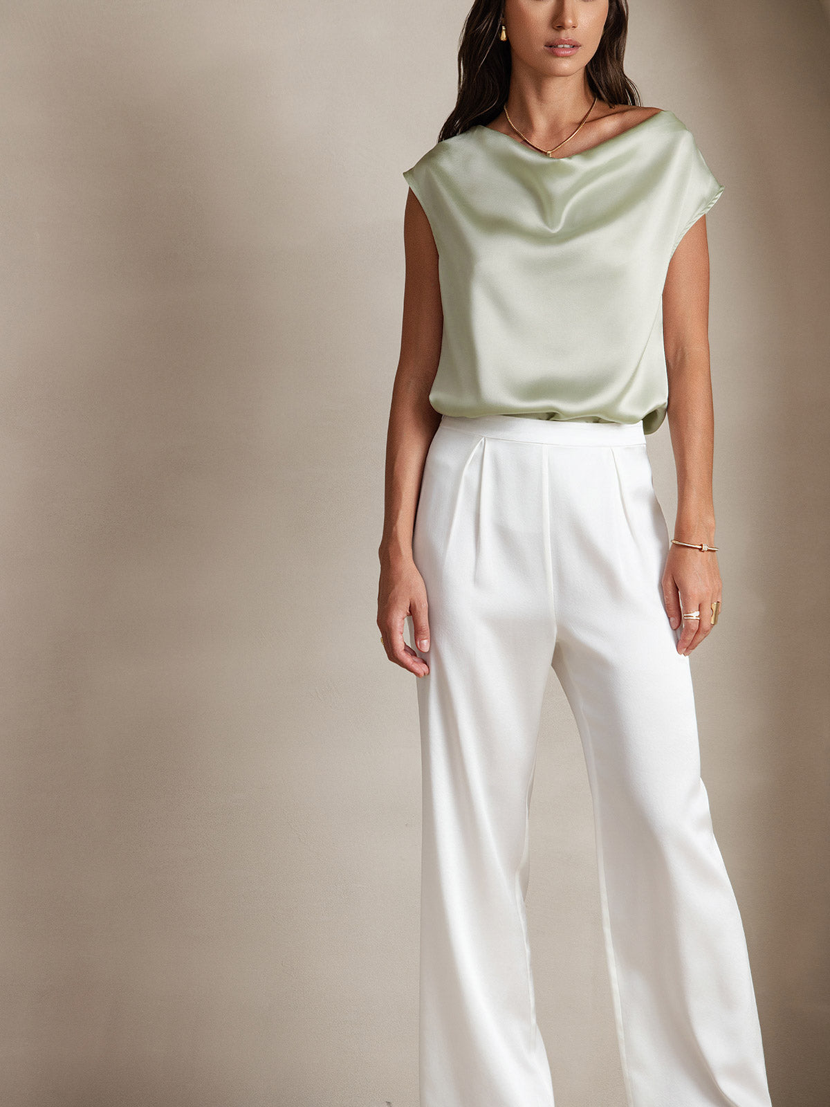 [Lysegrønn] SilkSilky-NO 19Momme Silke Cowl Neck T-skjorte for Kvinner 005