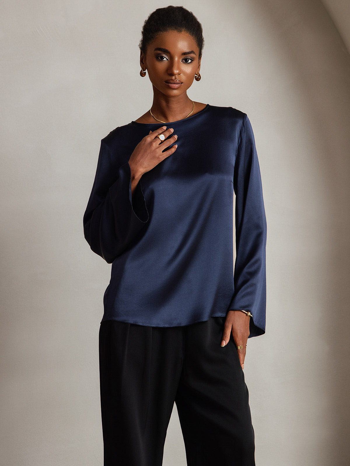 [Mørke blå] SilkSilky-NO 19Momme Silke Womens T-Shirt 003