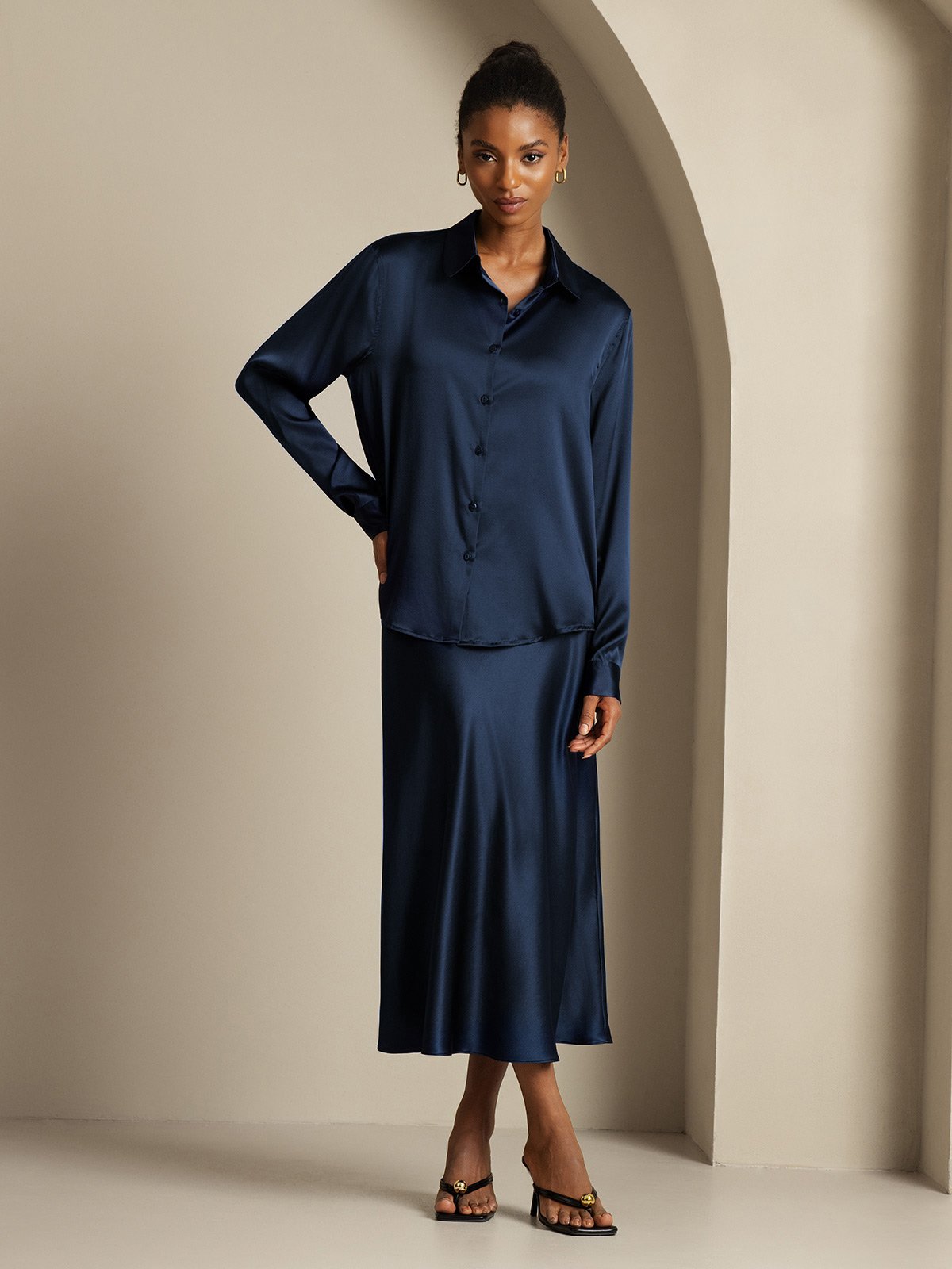 [Mørke blå] SilkSilky-NO 19Momme Silke Womens Outfit Sets 006,