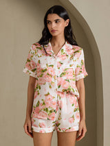[Hvit Pion] SilkSilky-NO Short Sleeve Notch Collar Pyjamas for Kvinner 001