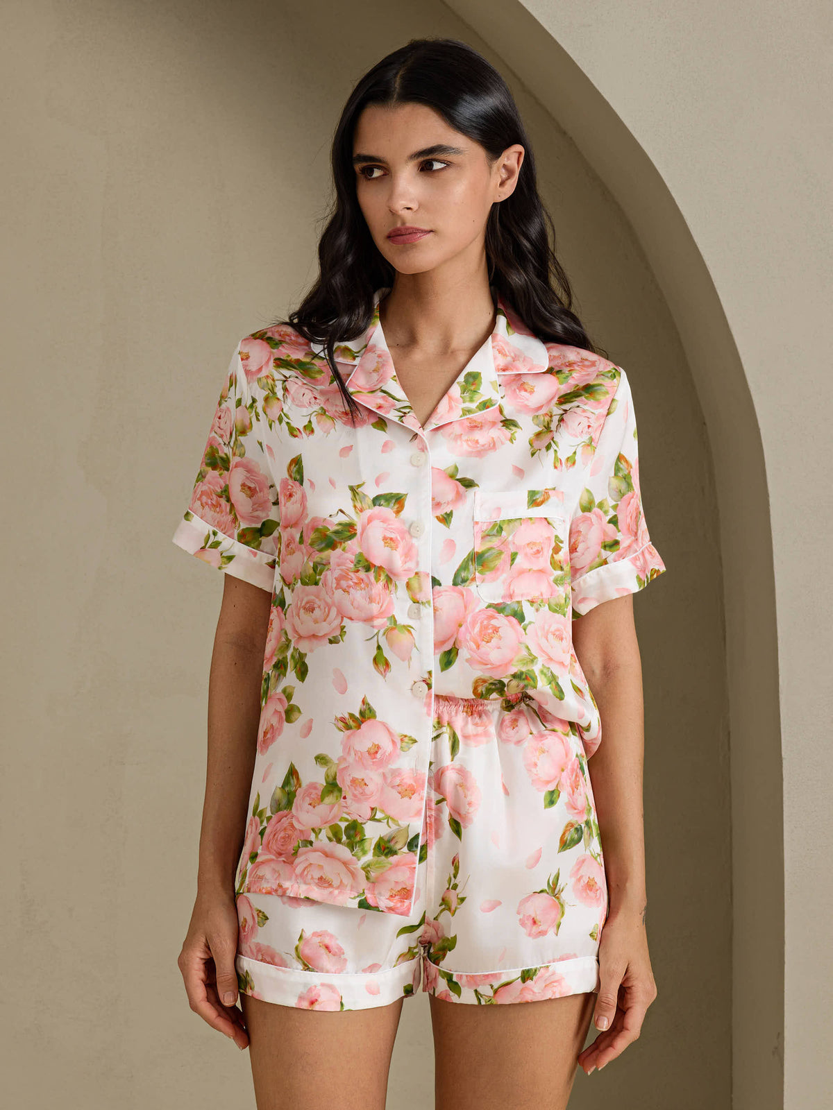[Hvit Pion] SilkSilky-NO Short Sleeve Notch Collar Pyjamas for Kvinner 001