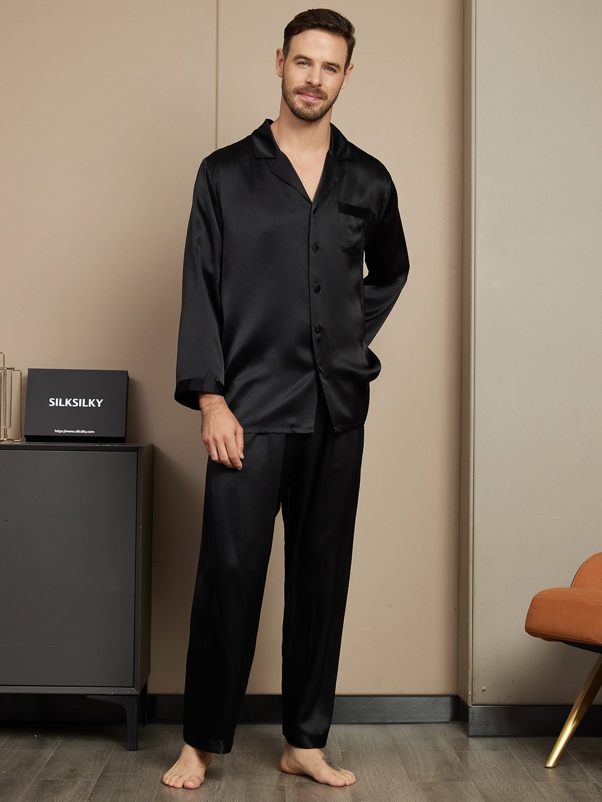 SilkSilky US Pure Silk Long Sleeve Mens Pajamas Black 005