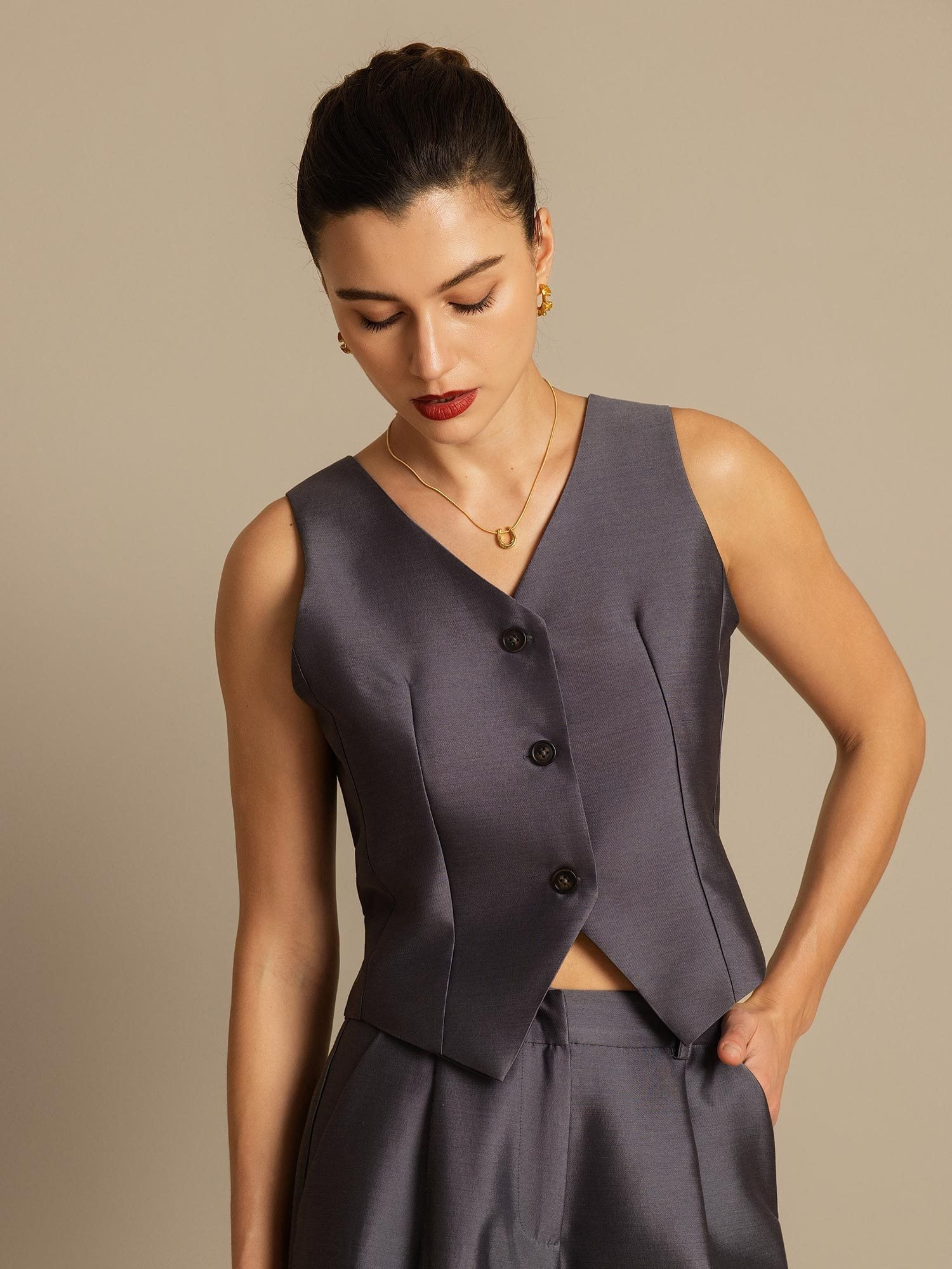 [Grå] SilkSilky-NO 32Momme Silk-Wool Blend Womens Vest 007,