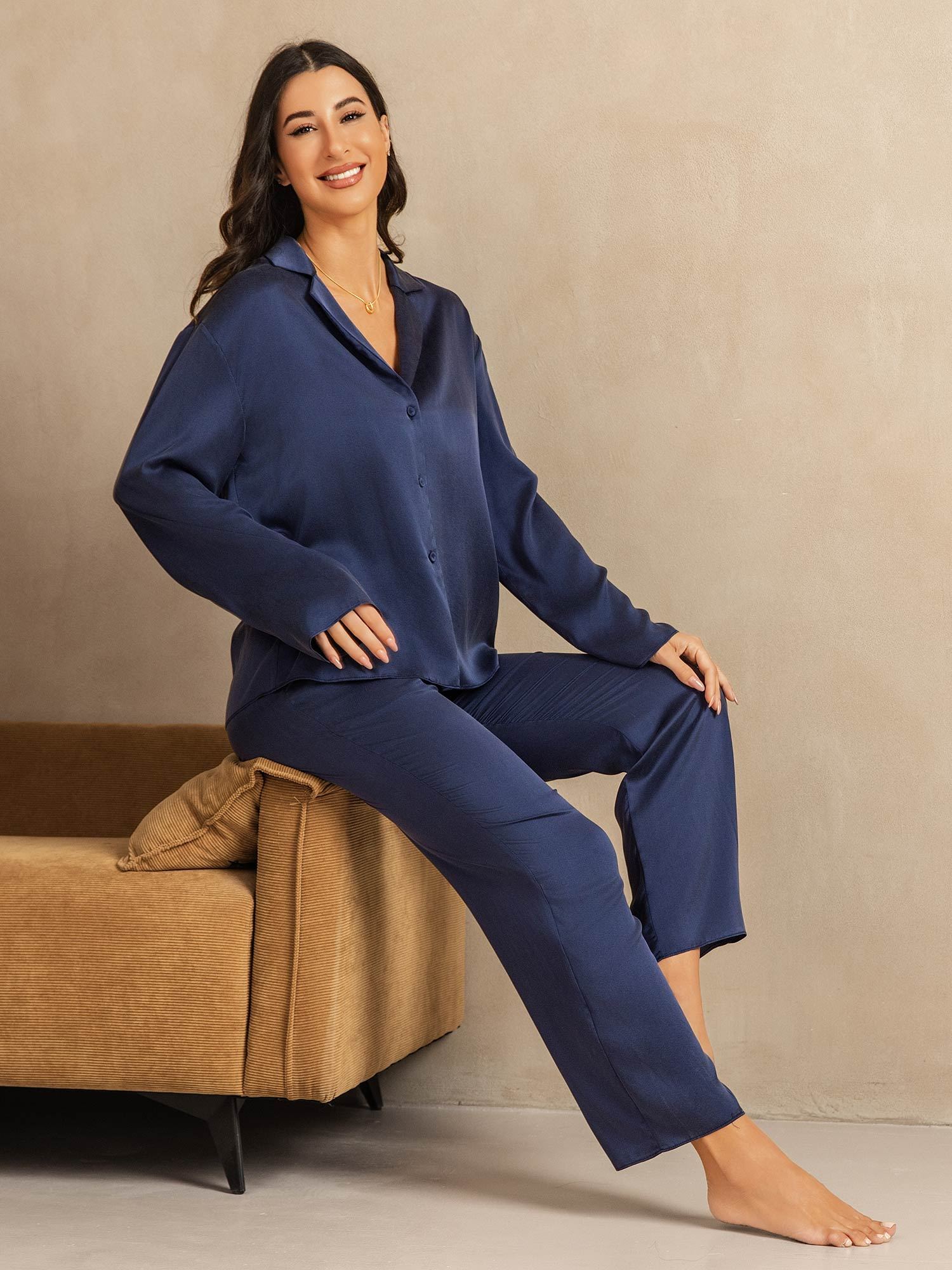 [Mørkeblå] SilkSilky-NO 19Momme Silke Womens Pajamas 008