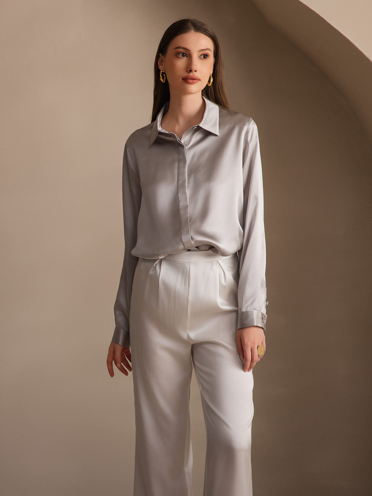 [Lysegrå] SilkSilky-NO 19Momme Silke Lapel Collar Skjorte for Kvinner 006