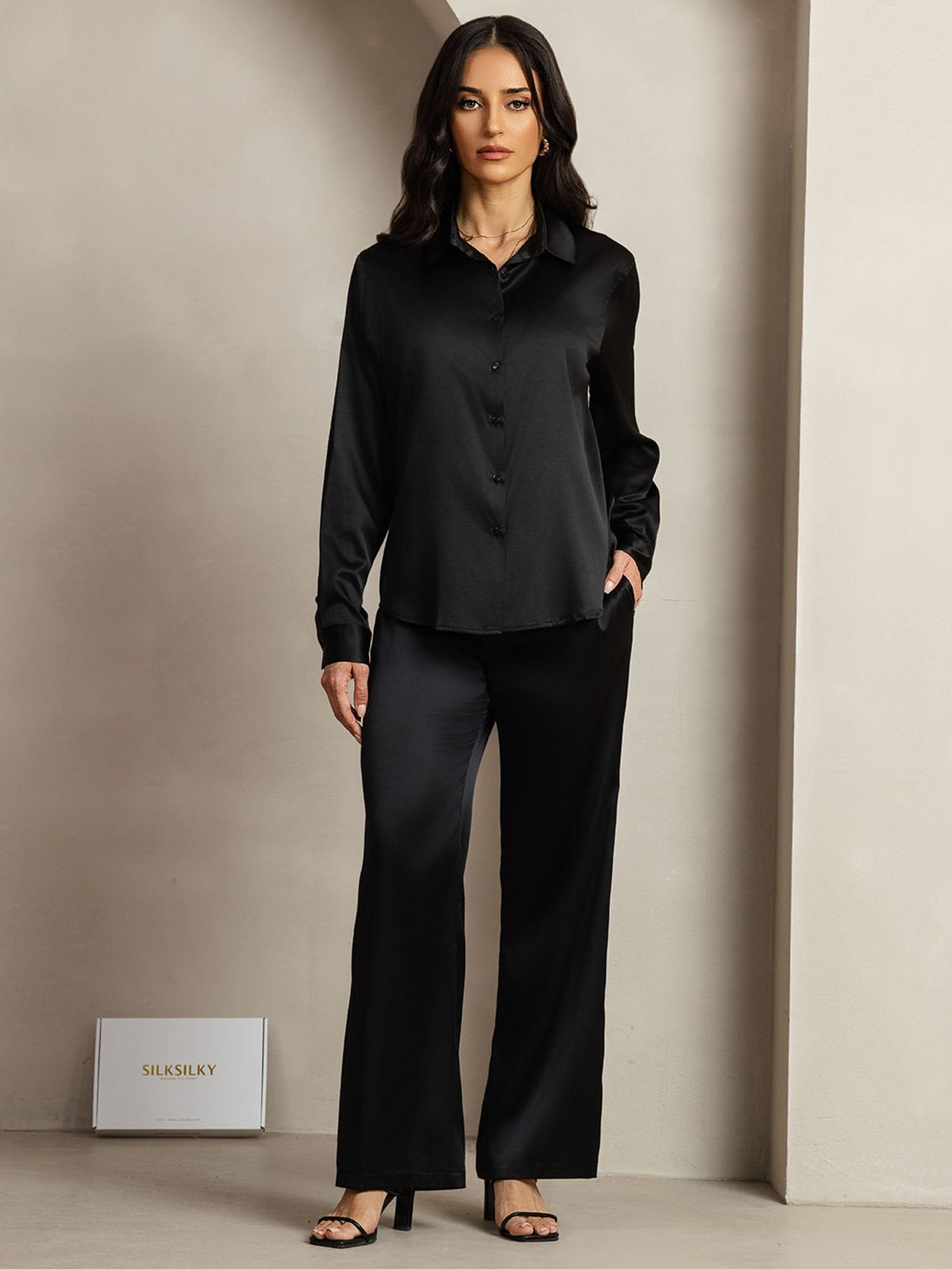 [Svart] SilkSilky-NO 19Momme Silke Lapel Collar Women''s Outfit Sets 001