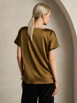 [Brun] SilkSilky-NO 19Momme Kort erm Båtringning T-skjorte for Kvinner 002