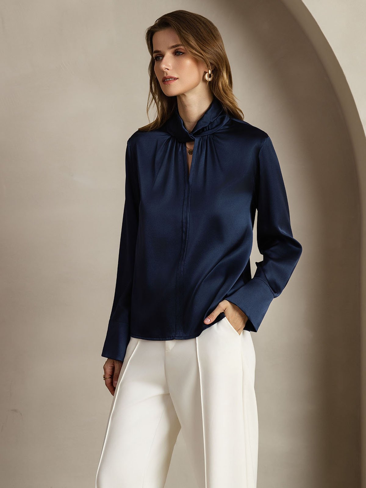 [Mørkeblå] SilkSilky-NO 19Momme Silke Womens Shirt 003