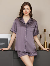 [Lilla Grå] SilkSilky-NO Short Sleeve Lapel Collar Pyjamas for Kvinner 003