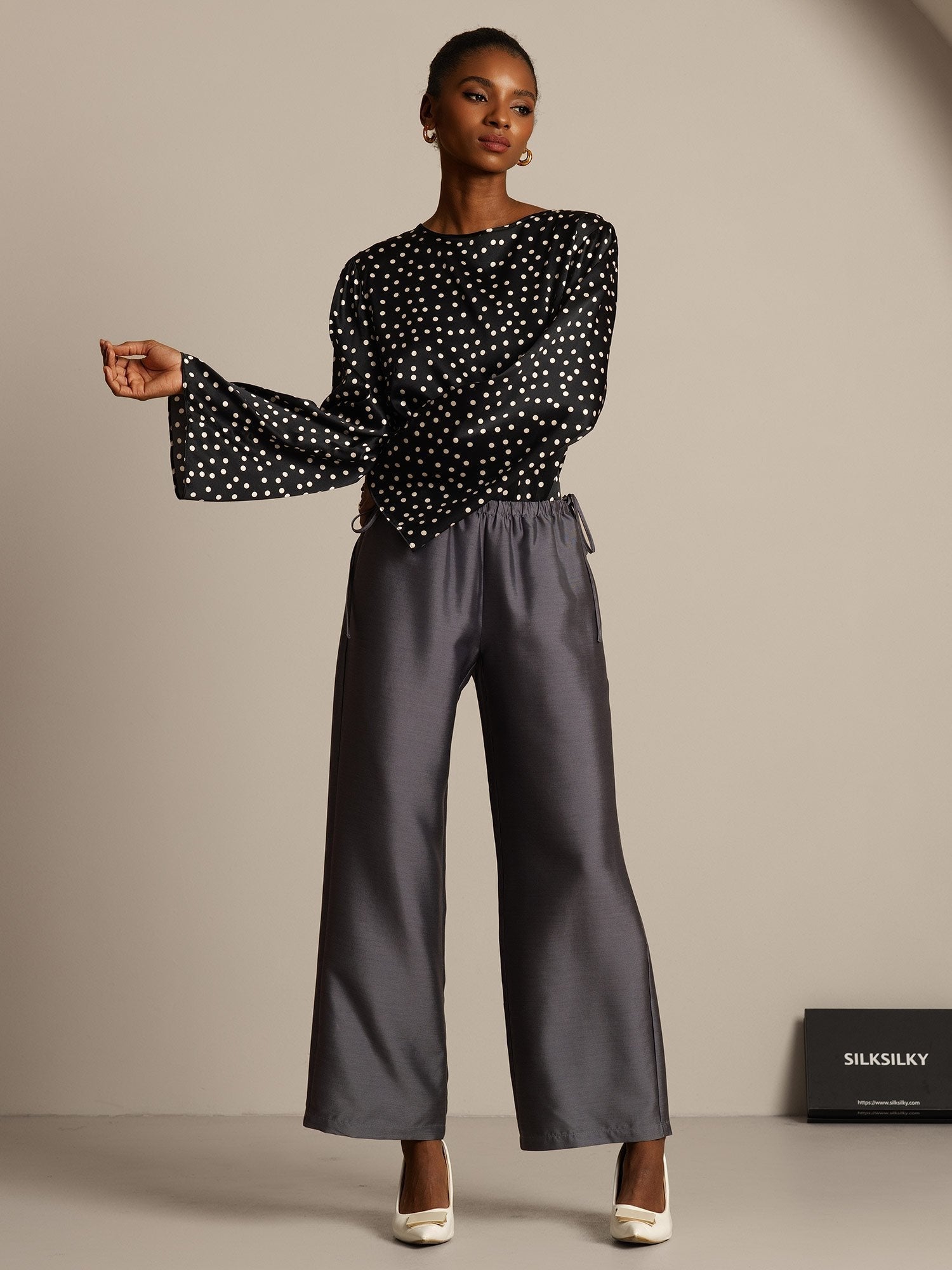 [Grå] SilkSilky-NO 32Momme Silk-Wool Blend Womens Pants 006,