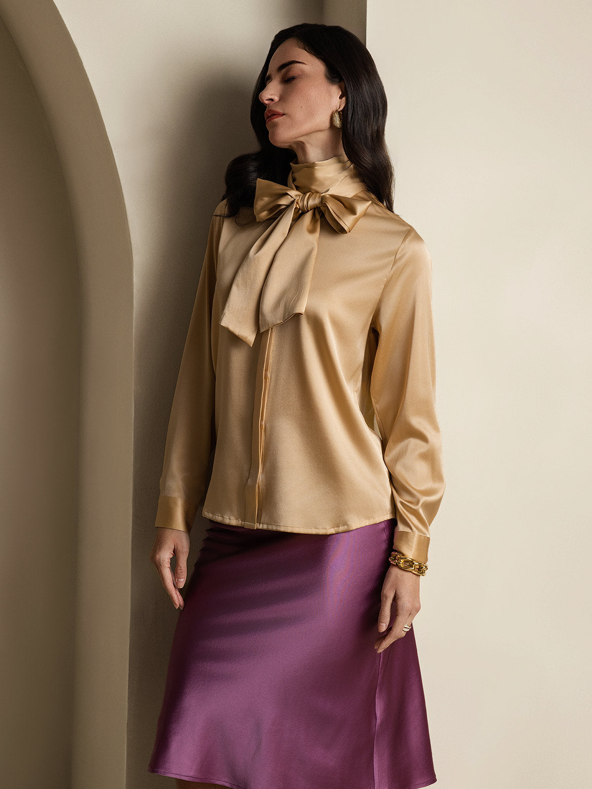 [Champagne] SilkSilky-NO 19Momme Silke Long Sleeve Tie Neck Skjorte for Kvinner 005