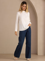 [Hvit] SilkSilky-NO Long Sleeve Stand Collar Damebluser 006