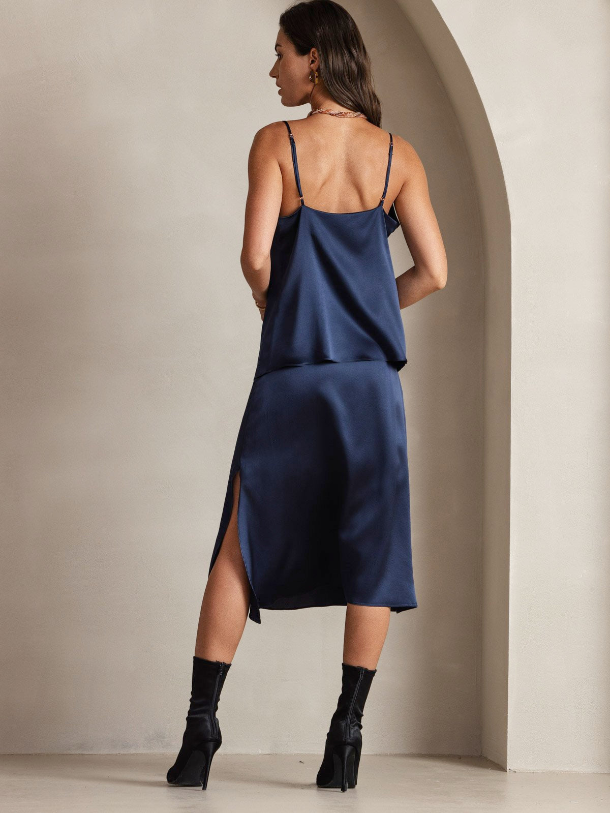 [Mørke blå] SilkSilky-NO 19Momme Silke Cowl Neck Camisole Topp 002