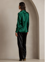 [Mørk Grønn] SilkSilky-NO Long Sleeve Lapel Collar Skjorte for Kvinner 002