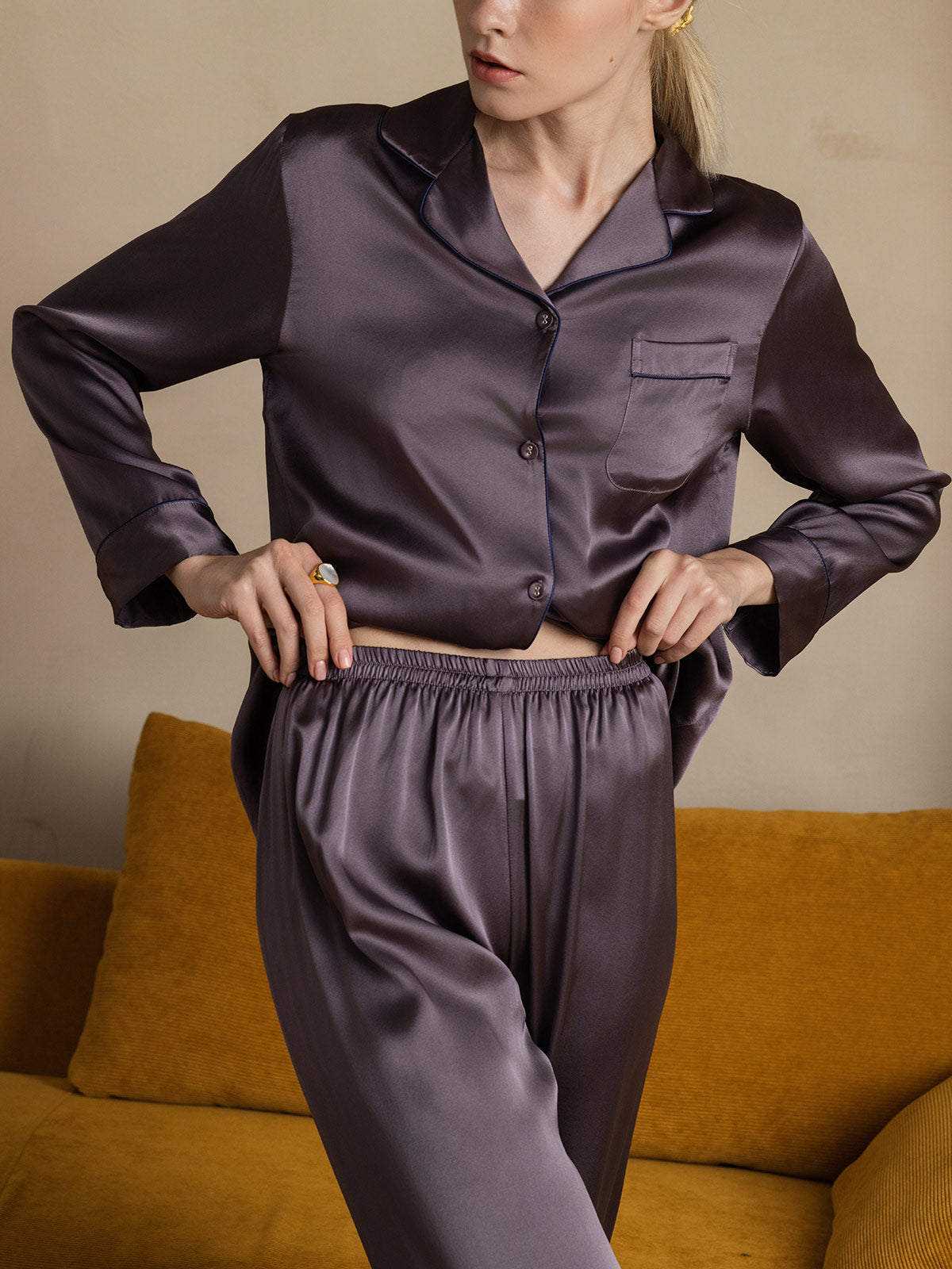 [Lilla Grå] SilkSilky-NO Pure Silk Long Sleeve Lapel Pyjamas for Kvinner 008