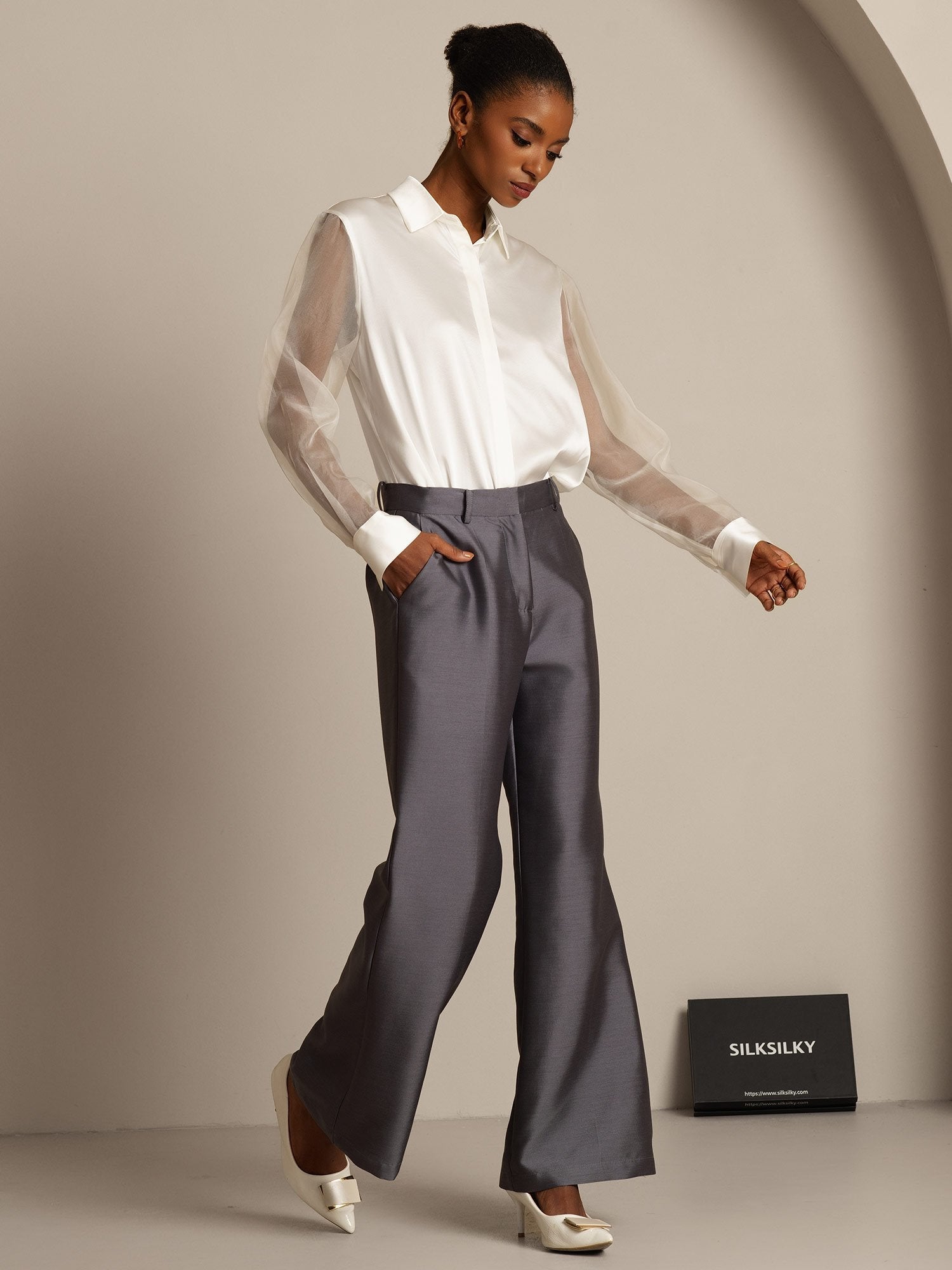 [Grå] SilkSilky-NO 32Momme Silk-Wool Blend Womens Pants 008,