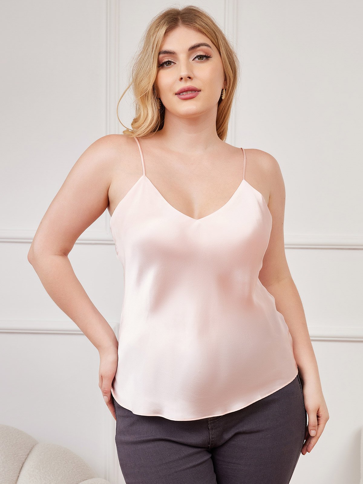 [Rosa] SilkSilky-NO Pure Silk V-Hals Plus Size Camisole Top 003
