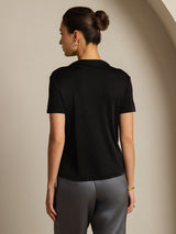 [Svart] SilkSilky-NO 100% Silk Jersey Short Sleeve Falsk Krage T-skjorte for Kvinner 002