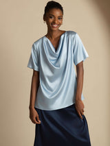 [Gråblå] SilkSilky-NO Short Sleeve Cowl Neck Damebluser 004
