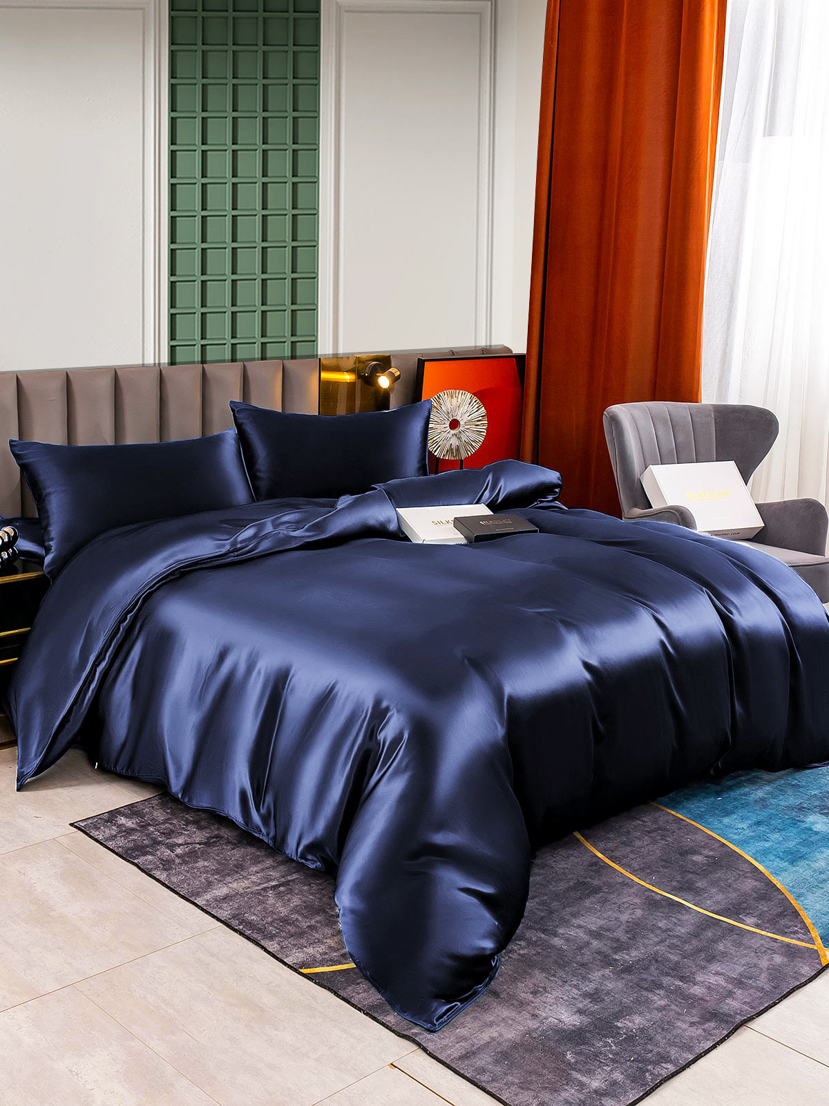 [Mørke blå] SilkSilky-NO 25Momme Bedding Set 005
