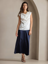 [Hvit] SilkSilky-NO Cap Sleeve Cowl Neck T-skjorte for Kvinner 007