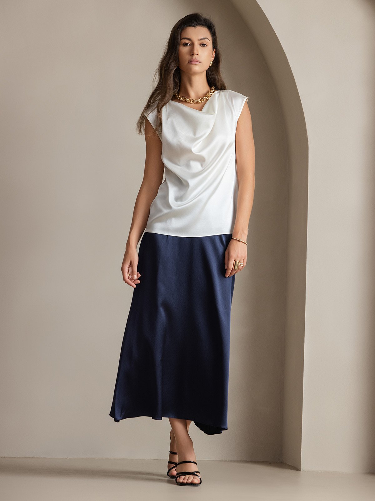 [Hvit] SilkSilky-NO 19Momme Silke Cowl Neck T-skjorte for Kvinner 007