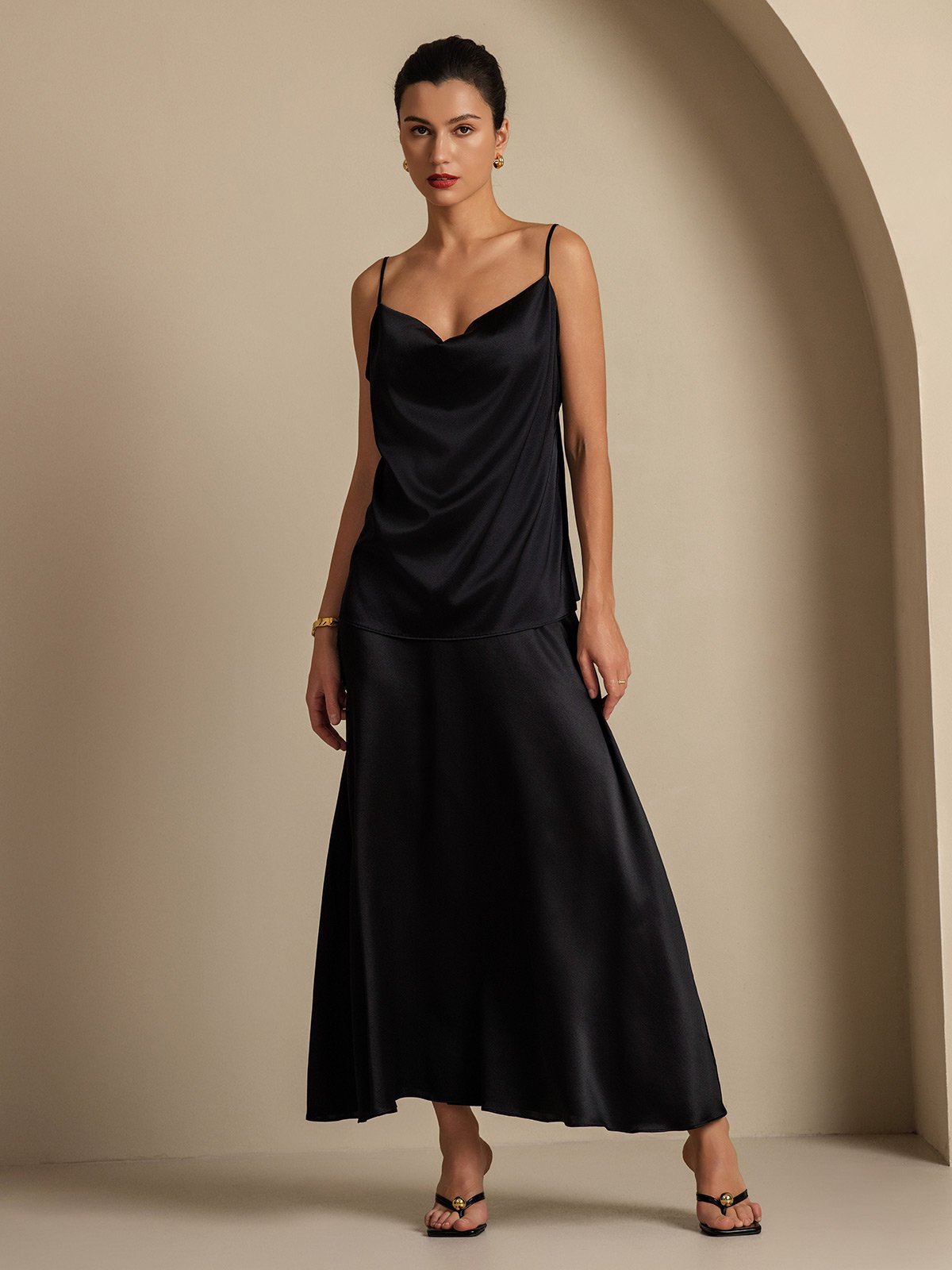 [Svart] SilkSilky-NO 19Momme Silke Womens Outfit Sets 007,