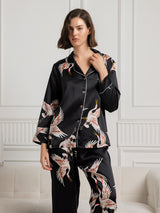 [Svart] SilkSilky-NO Long Sleeve Lapel Collar Pyjamas for Kvinner 003