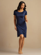 [Mørke blå] SilkSilky-NO Short Sleeve Round Neck Nattkjole 007