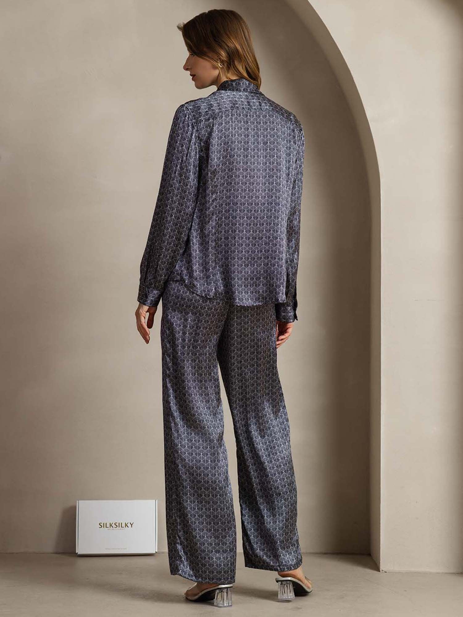 [MarineGinkgo] SilkSilky-NO 19Momme Silke Lapel Collar Women''s Outfit Sets 004