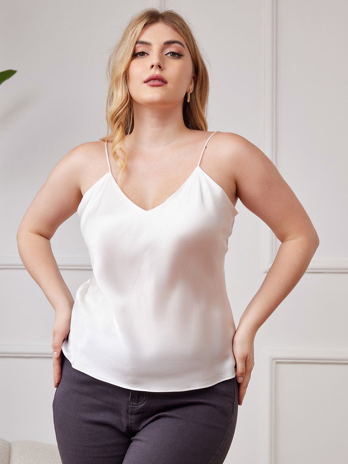 [Hvit] SilkSilky-NO Pure Silk V-Hals Plus Size Camisole Top 004