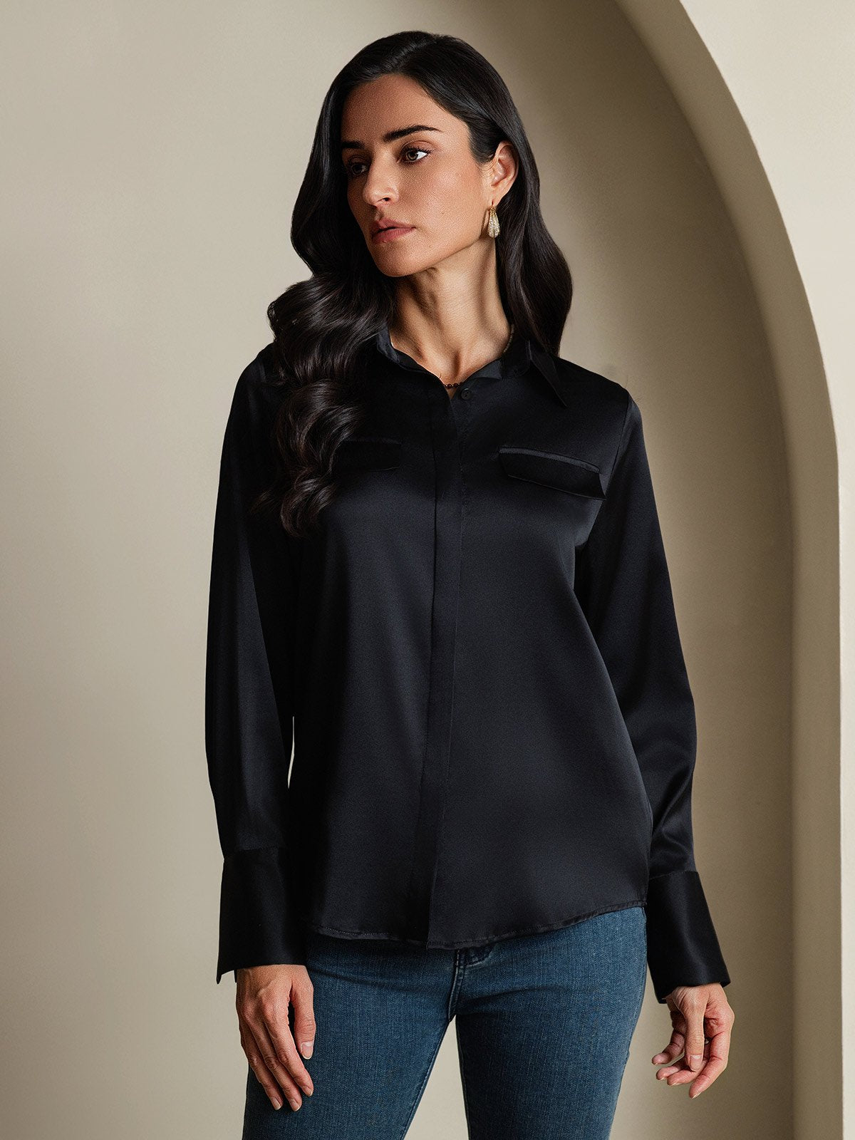 SilkSilky-NO 19Momme Silke Womens Shirt Svart 005