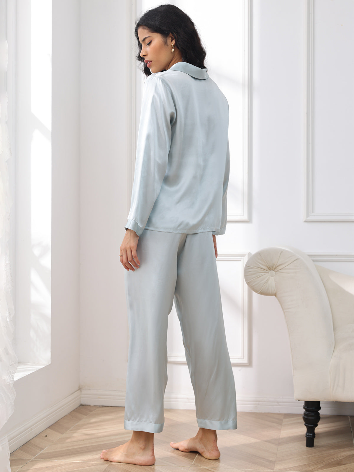 [Lyse Blå] SilkSilky-NO Long Sleeve Lapel Collar Pyjamas for Kvinner 002