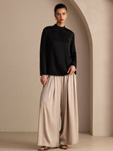 [Svart] SilkSilky-NO Long Sleeve Stand Collar Damebluser 007