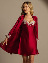 [Vin] SilkSilky-NO 3/4 Sleeve V Neck Nattkjole og Morgenkåpesett 001