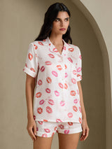 [Hvit Leppestift] SilkSilky-NO Short Sleeve Notch Collar Pyjamas for Kvinner 001