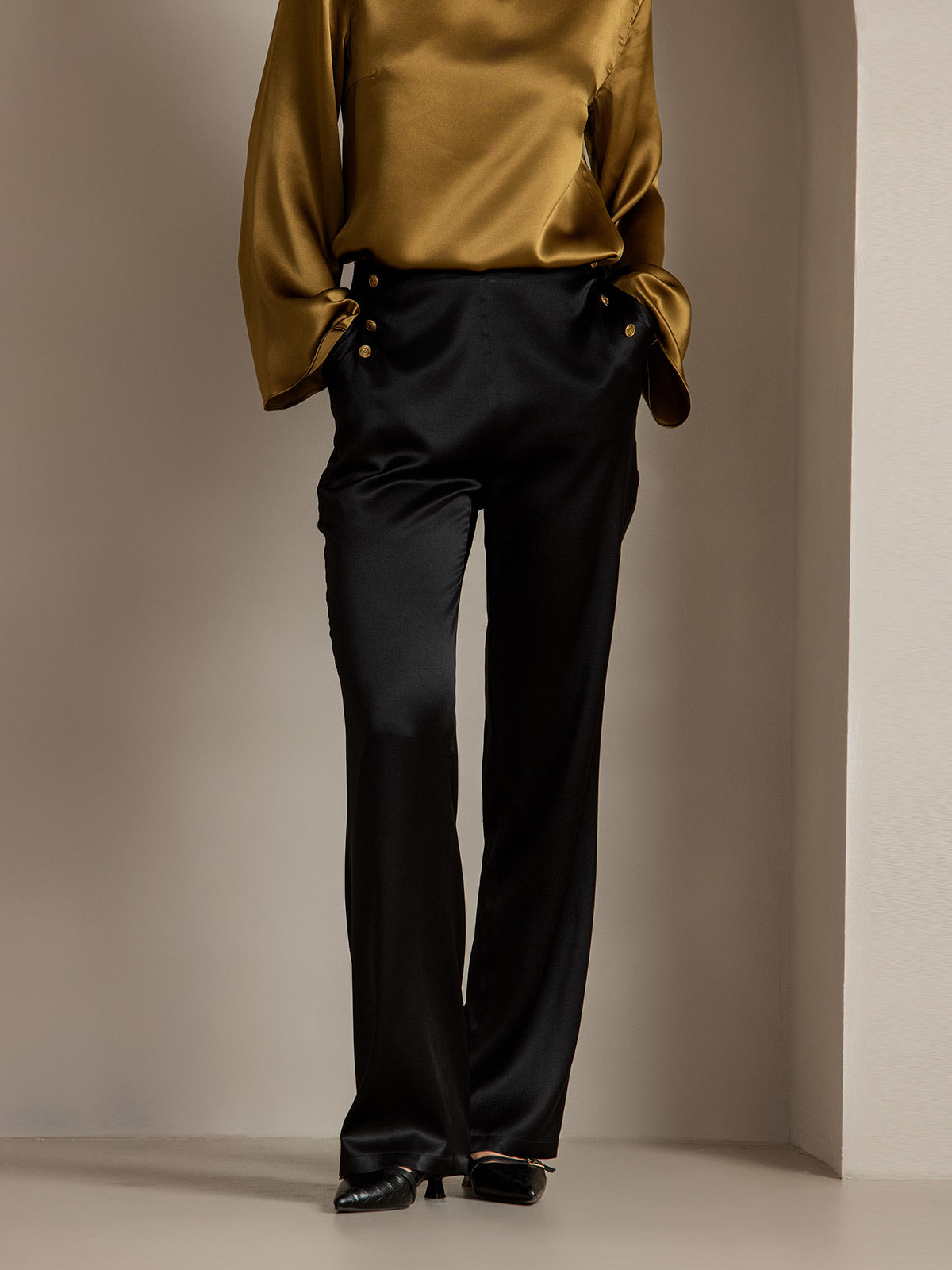 [Svart] SilkSilky-NO 19Momme Silke Womens Pants 004