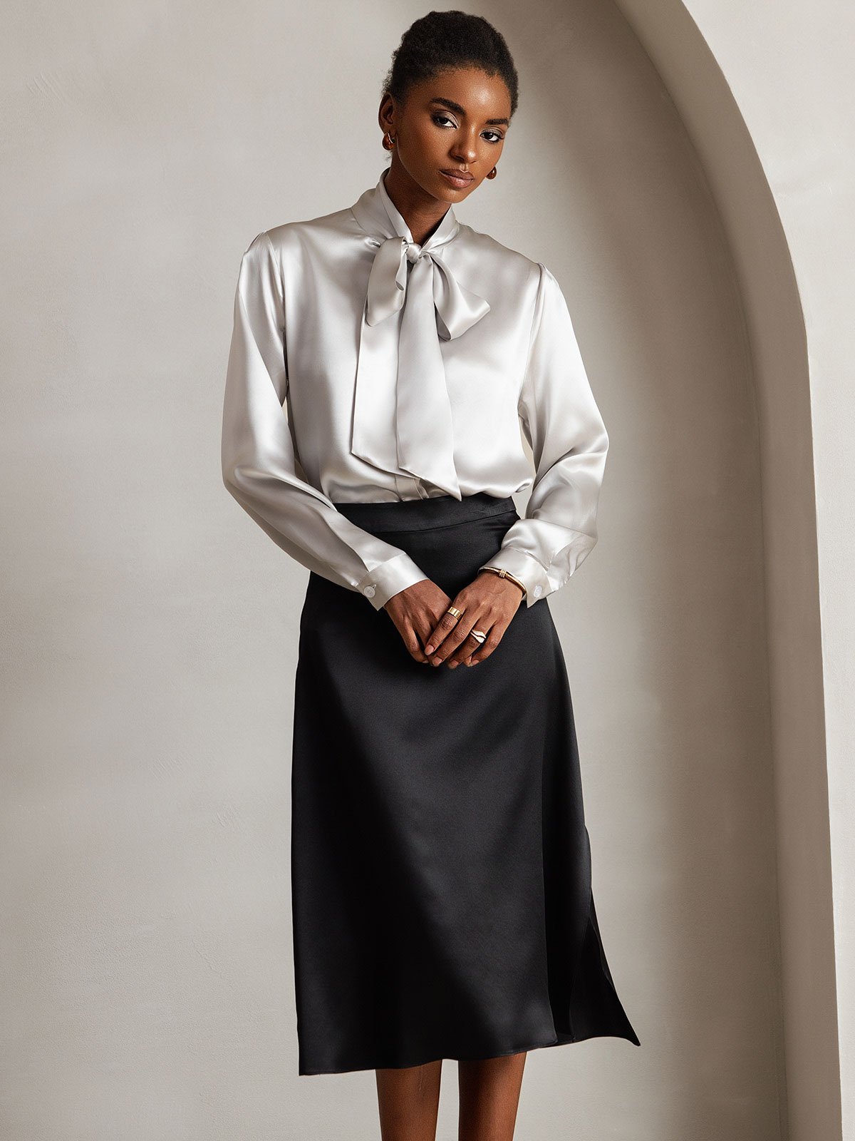 [Lysegrå] SilkSilky-NO 19Momme Silke Blouse 006