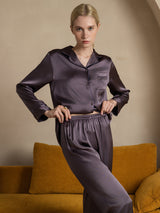 [Lilla Grå] SilkSilky-NO Long Sleeve Lapel Collar Pyjamas for Kvinner 004