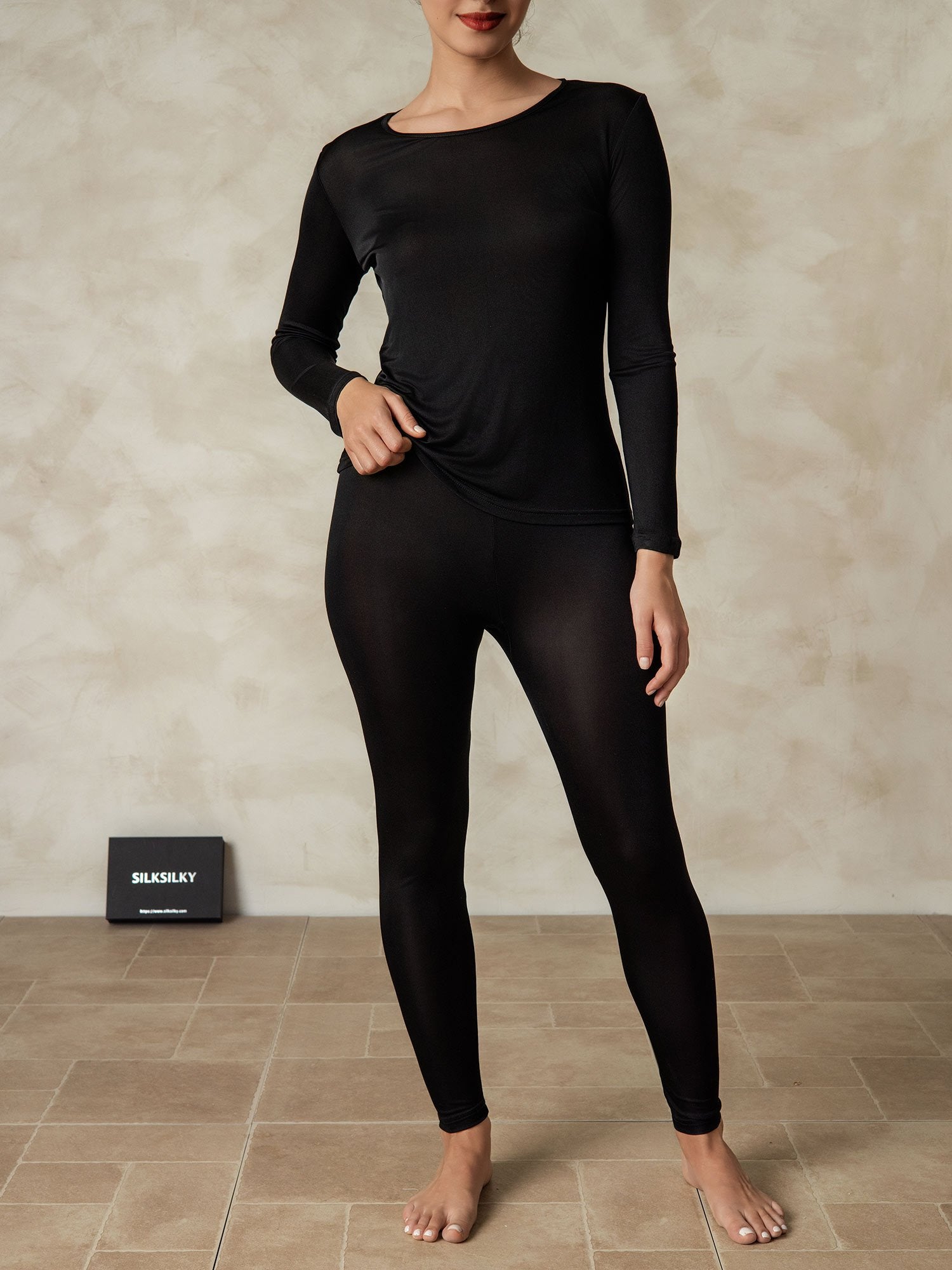 [Svart] SilkSilky-NO Silke Womens Pajamas 001