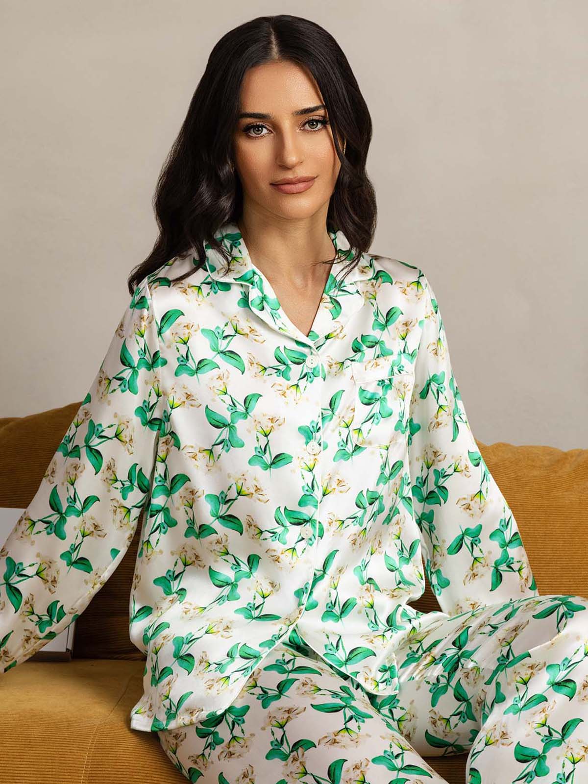 [Grønn Blomster] SilkSilky-NO Womens Pajamas 005