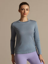 [Gråblå] SilkSilky-NO 100% High-Twist Silk Jersey Long Sleeve Crew Neck T-skjorte for Kvinner 006