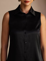 [Svart] SilkSilky-NO Sleeveless Lapel Collar Skjorte for Kvinner 004