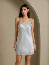 [Gråblå] SilkSilky-NO Spaghetti Strap V Neck Nattkjole 006