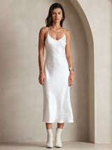 [Hvit] SilkSilky-NO Spaghetti Strap V Neck Kjole 001